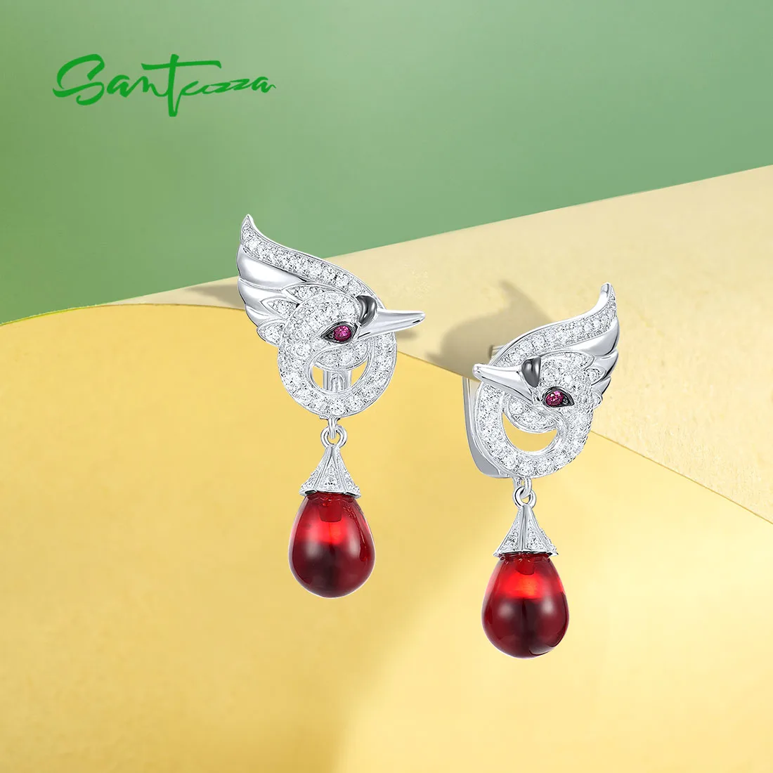 SANTUZZA Authentic 925 Sterling Silver Swan Earrings For Women White CZ Red Glass Created Ruby Dangling Fine Elegant Jewelry