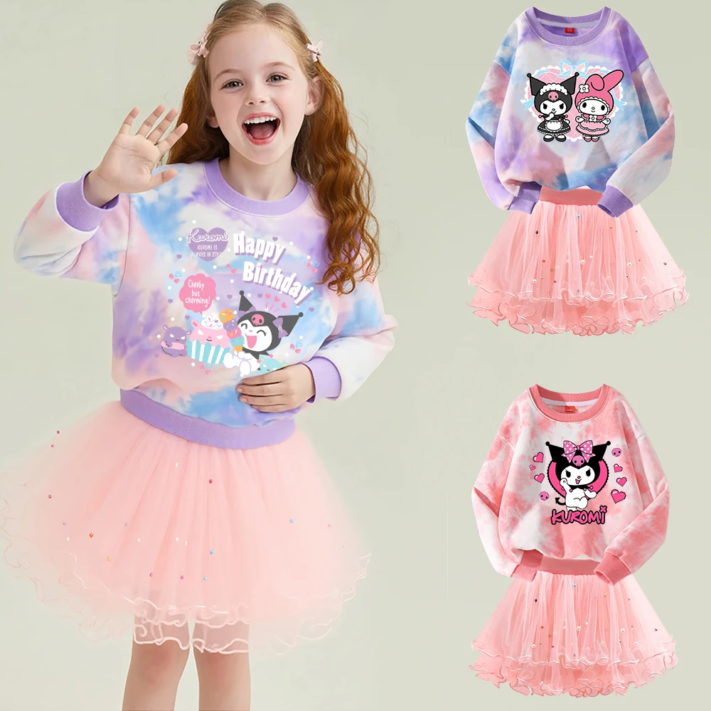 Kuromi Girl Dress T-shirt Tutu Skirt 2pc/Set Outfit Dress Suit Birthday Party Costume Kid Long Sleeved Tops Autumn clothes Gift