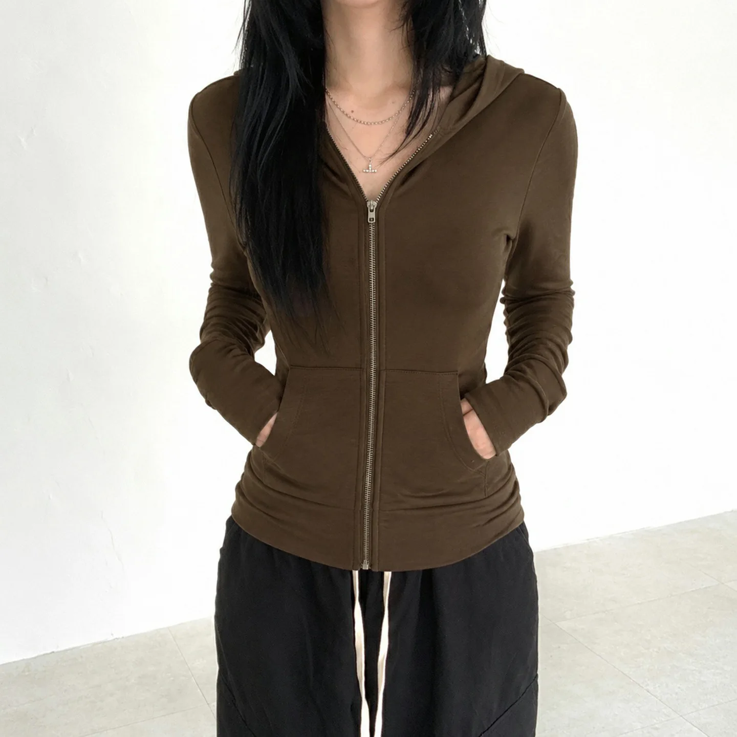 2026 New Autumn Simple Solid Color Zip Up Hooded Knit Jacket Slim Fit Street Basic Casual Sweatshirt Long Sleeve Daily Outerwear