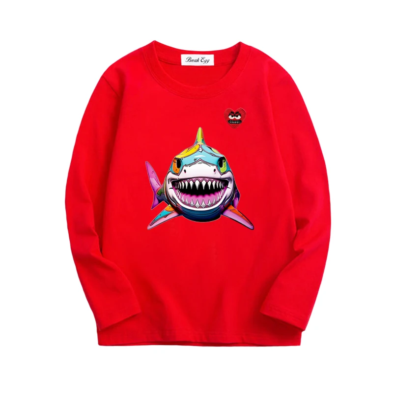 Shark Printing Boy Girl T-shirt Cotton Cartoon Red Snag Heart Embroidery O-neck Long Sleeved Straight Summer T-shirt