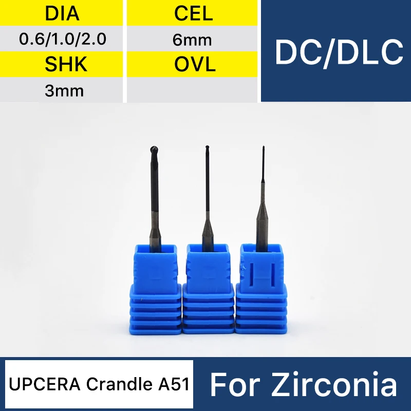 UPCERA Cradle A51 Zirconia Milling Bur Fresa Diamond Coating DC/DLC 0.6/1.0/2.0mm