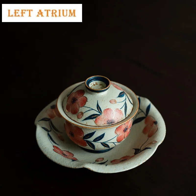 

100ML Pure Hand-painted Peach Blossom Gaiwan Japanese Tea Tureen Tea Bowl with Lid Kit Tea Brewing Cover Bowl Items Craft