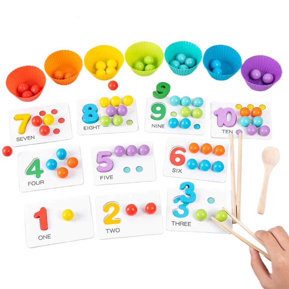 木製モンテッソーリ幼児向け学習玩具セット、ビーズ、箸、スプーン付き、幼児向け算数教育玩具