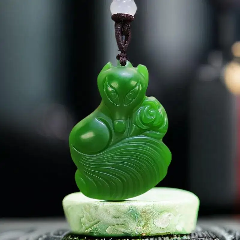 

Green Real Jade Fox Pendant Necklace Gifts for Women Fashion Vintage Gift Talismans Charm Natural Jasper Carved Jewelry Chinese