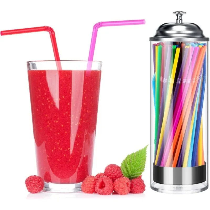 1Pc Glass Straw Dispenser, Clear Transparent Storage Box with Stainless Steel Lid, Compact Pop-Up Straw Storage Container, Multipurpose Drinkware Holder for Glass Straw Organization, Suitable for Kitchen, Cafe and Bar Daily Use