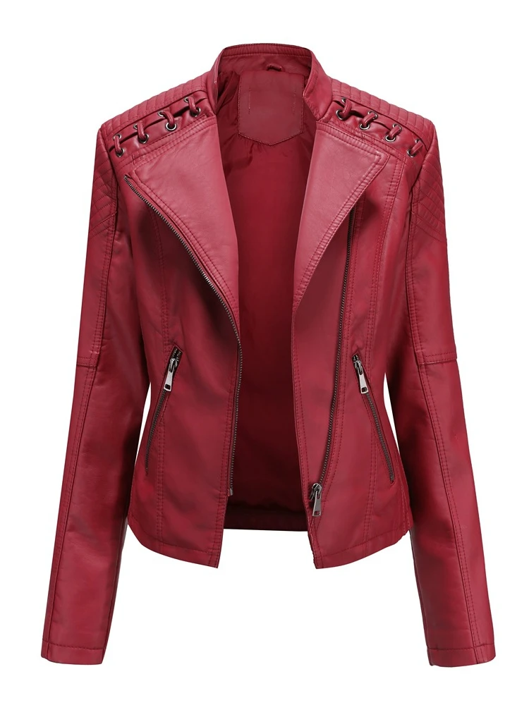 FSMG Spring And Autumn Trendy Faux Leather Jacket For Women, Casual Slim Fit Zipper Short Outerwear, Lightweight Motorcycle Coat