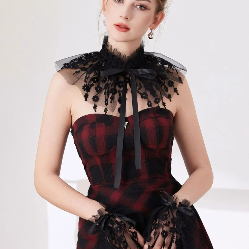 Removable Collar Accessory with Sheer Panels and Ruffled Trim Wrist Sleeves