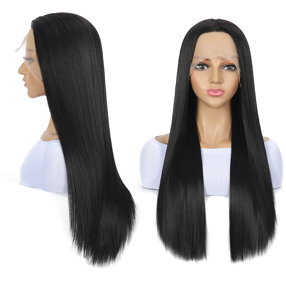 28 inch Synthetic Straight 13X4 Lace Front Wig For Women Baby Hair 180%Density Glueless Wig Black Gold Red color