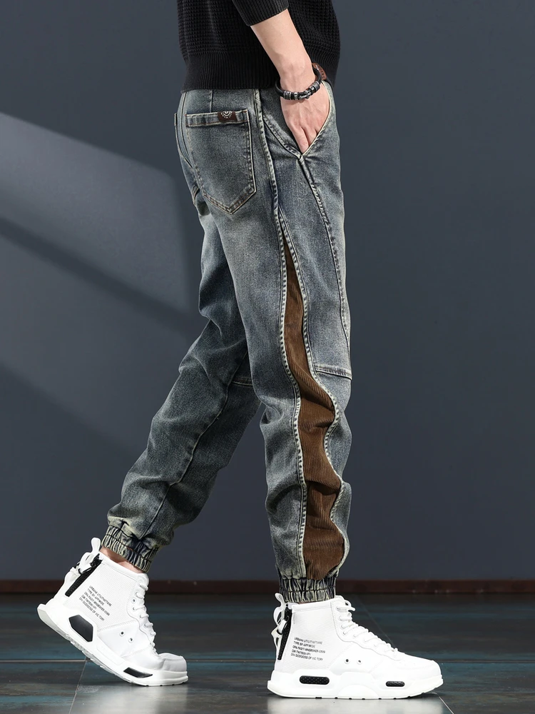 

American Retro Tapered Jeans Men's Loose Casual Harem Workwear Elastic Pants Autumn Winter New Style Splicing Loose Fit Jeans