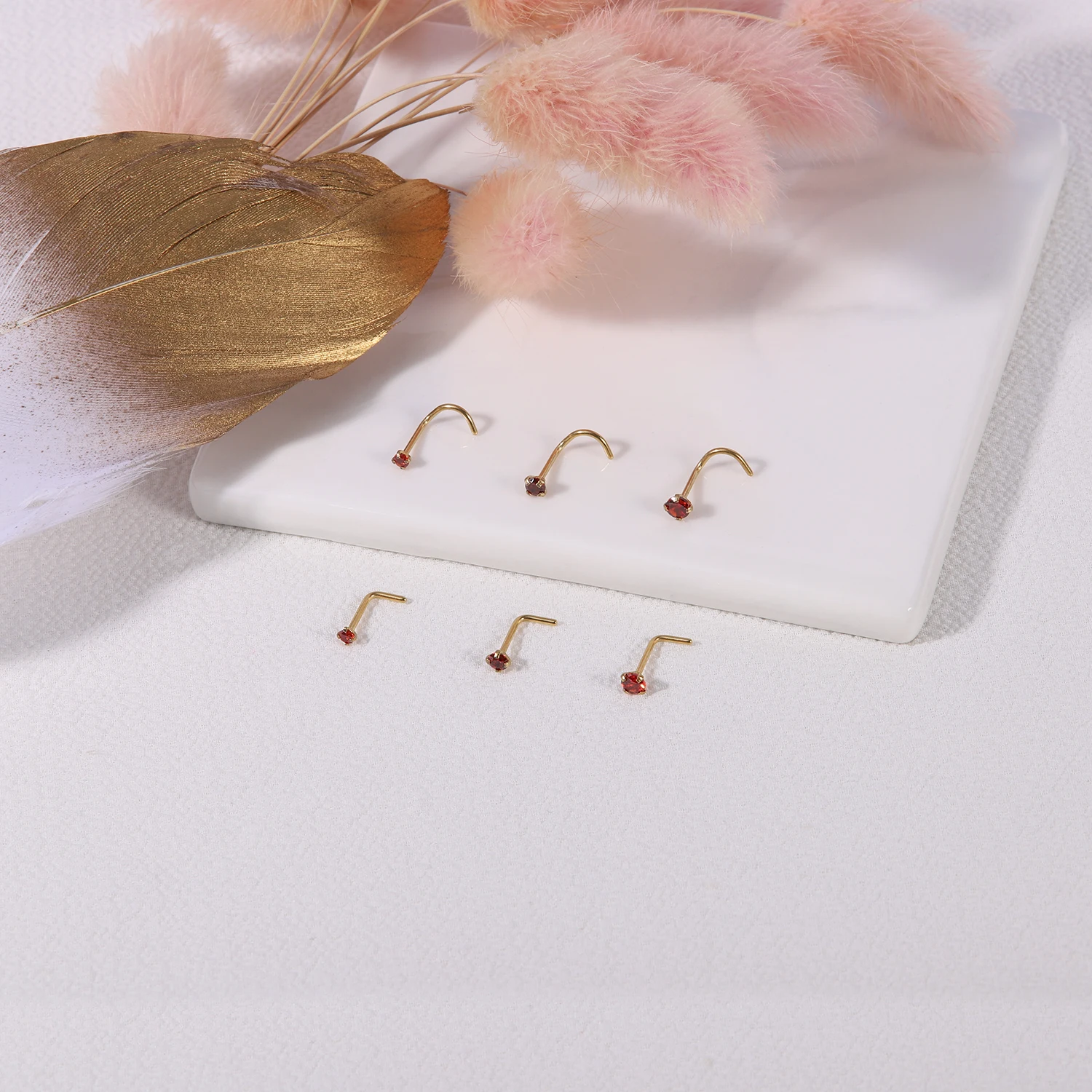 AOEDEJ 18/20G Gold Plated Nose Studs Jewelry Women Shiny Crystal Nostril Piercing Set Stainless Steel L Shape Nostril Piercings