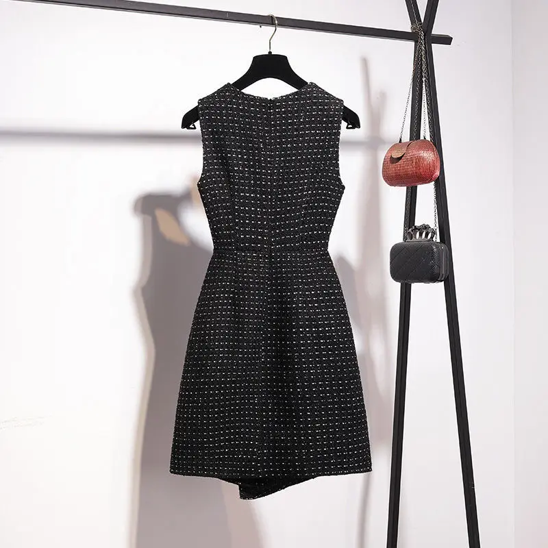 Vintage Elegant V Neck Tweed Vest Dress Women Slim Waist A Line Autumn Winter 2024 Vestidos Mujer French Chic Office Lady Robe