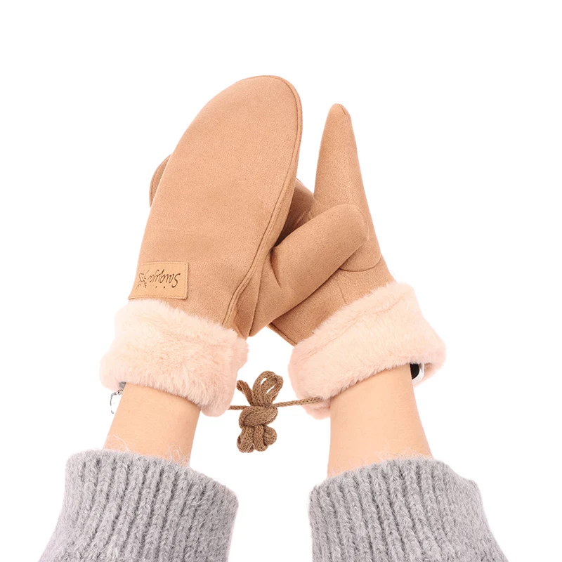 Winter Women Keep Warm Thickened Fleece Suede Halter Gloves Cute Lovely Sweet Cold Protection Mittens