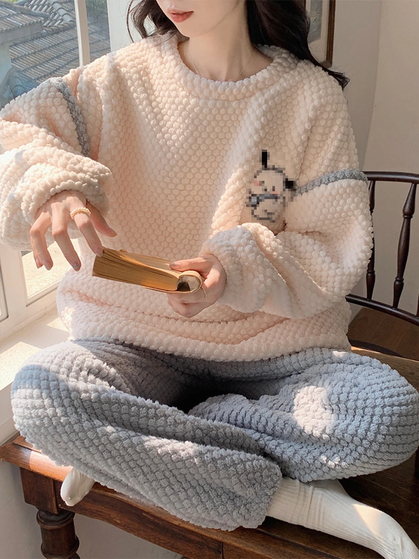 2023 Winter Thickened Fleece Coral Velvet Pajamas Women's Long Pants Sleepwear Soft Polyester Cartoon Cute Style Home Clothes
