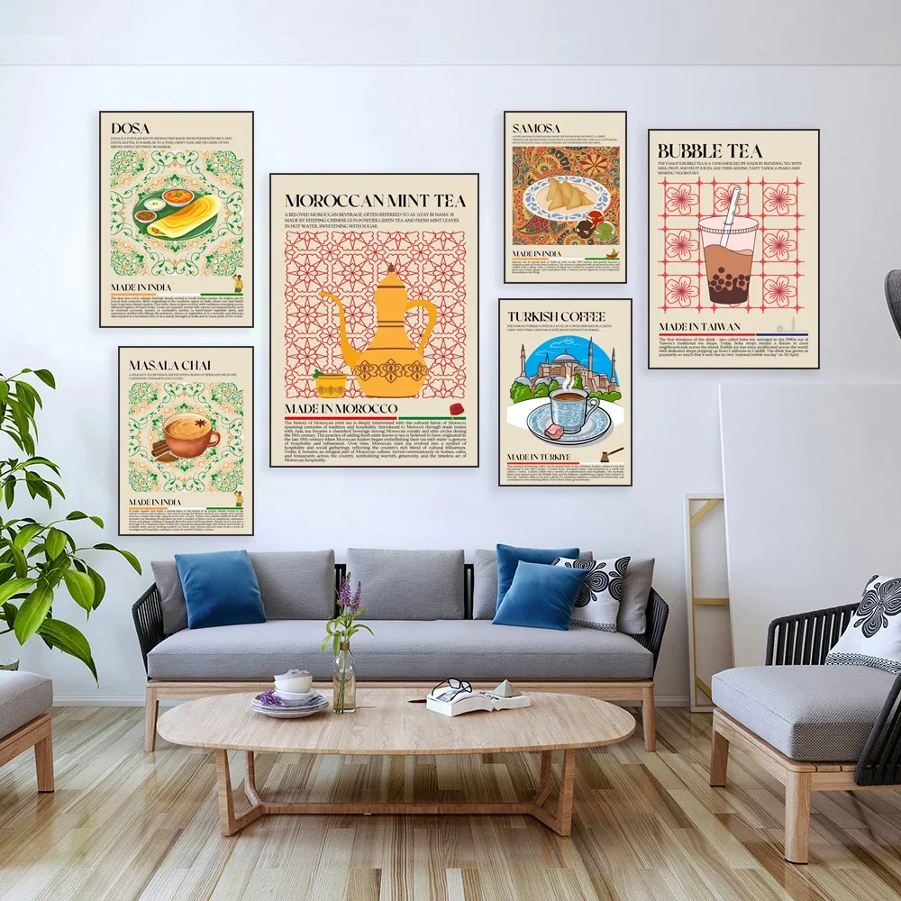 Global Street Food Kitchen Posters  Turkish Baklava Moroccan Mint Tea Cuban Coffee Masala Tea Bubble Tea Indian Street Food Egg