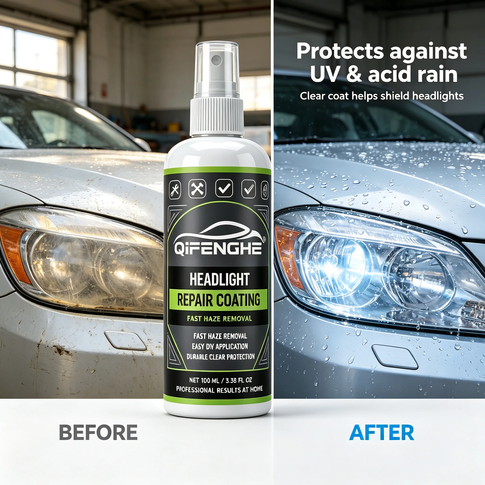 Professional Car Headlight Repair Coating Spray QIFENGHE Fast Foggy Haze Removal Easy DIY Application Long-term Clear Protection