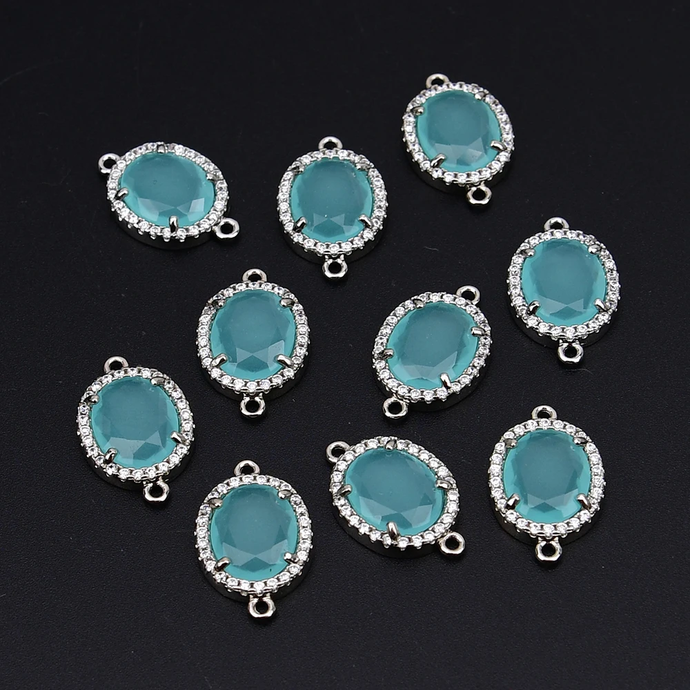 APDGG 10 Pcs Natural Lake Blue Cat eye Stone Cz Sliver Color Connector Charms Pendant Jewelry DIY