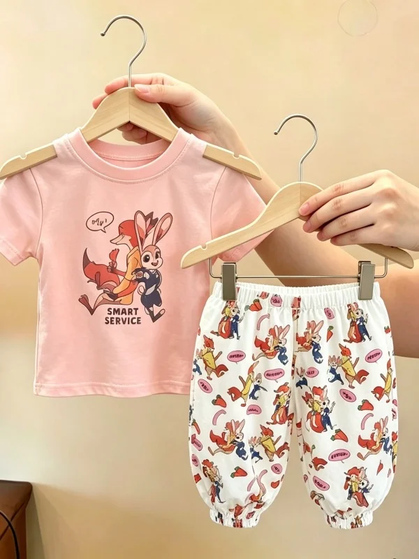 

Girls Summer Casual Anti-Mosquito Rabbit Short Sleeve Thin Set 2026 New Style Two-Piece Suit Lightweight Breathable Comfortable