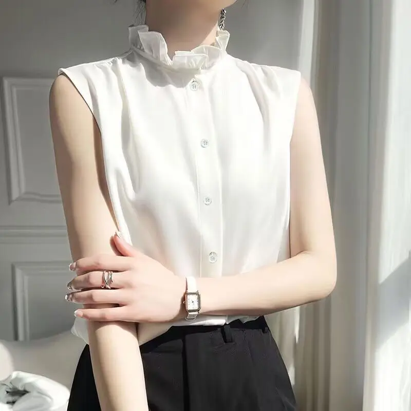 Minimalist Commuter 2024 Summer New Women's Blouse Ruffled Neck Button Solid Color Sleeveless Stylish Elegant Slim Shirt Tops