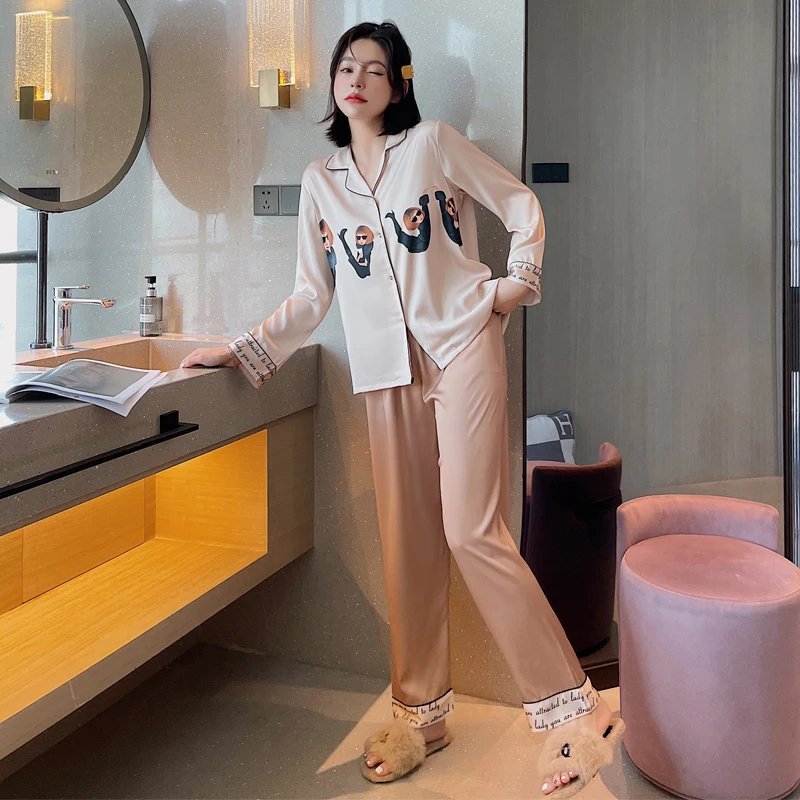 2021 Couples family pajamas women long sleeve open button sleepwear  ice silk suit  Men silk Pajamas