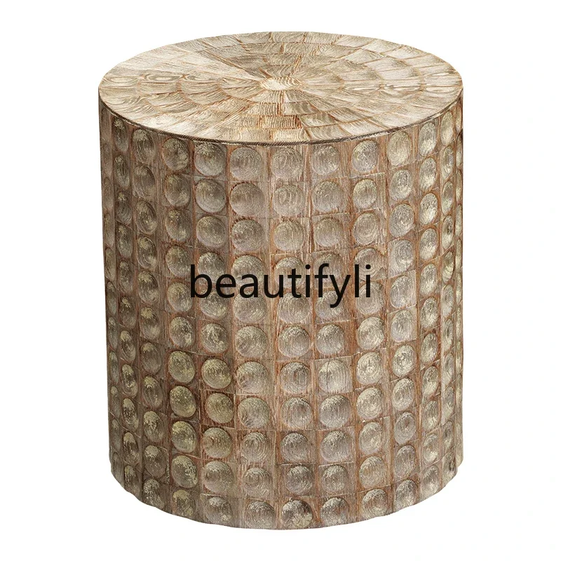 LXNordic retro oak carved round pier coffee table, wabi sandy wind solid wood block roundSSS