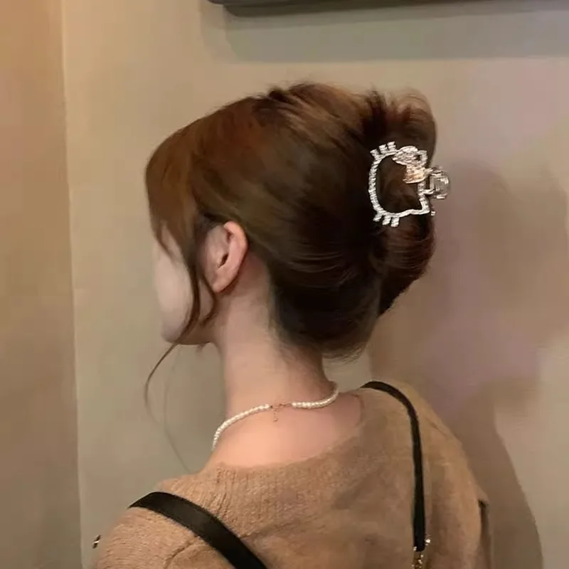 새로운 Sanrio 헬로 키티 상어 그립 만화 키티 고양이 금속 라인 석 잡는 클립 소녀 달콤한 헤어 액세서리 상어 그립