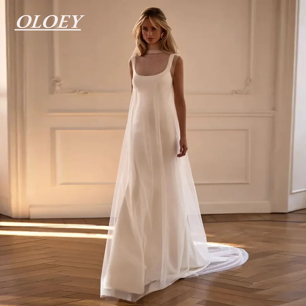 OLOEY Elegant Crepe Mermaid Wedding Dresses with Long Tulle Jacket Square Collar Bridal Gown Customized Vestidos De Novia 2 PCS