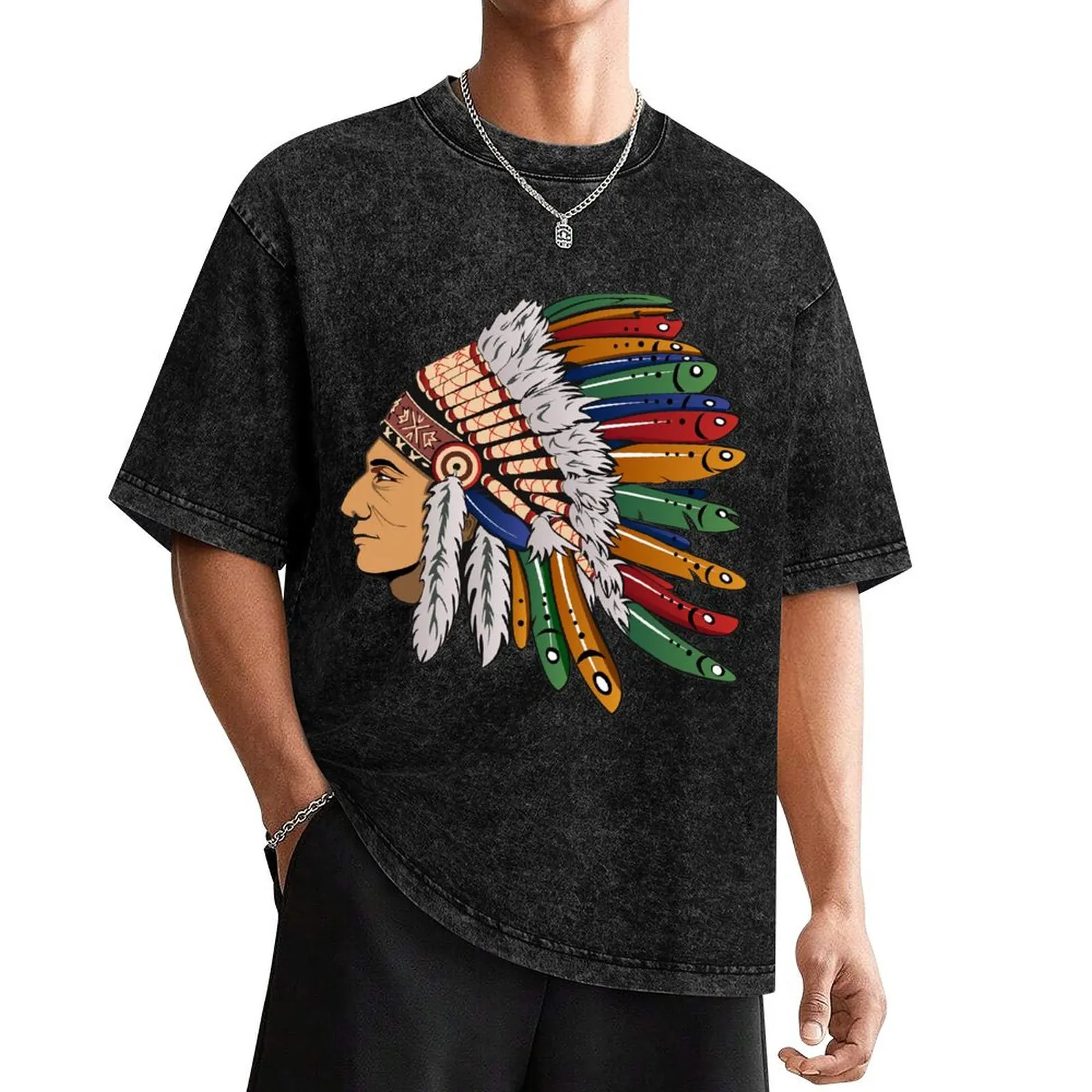 Indian Chief With Headdress T-Shirt man clothes baggy shirts men graphic t shirts