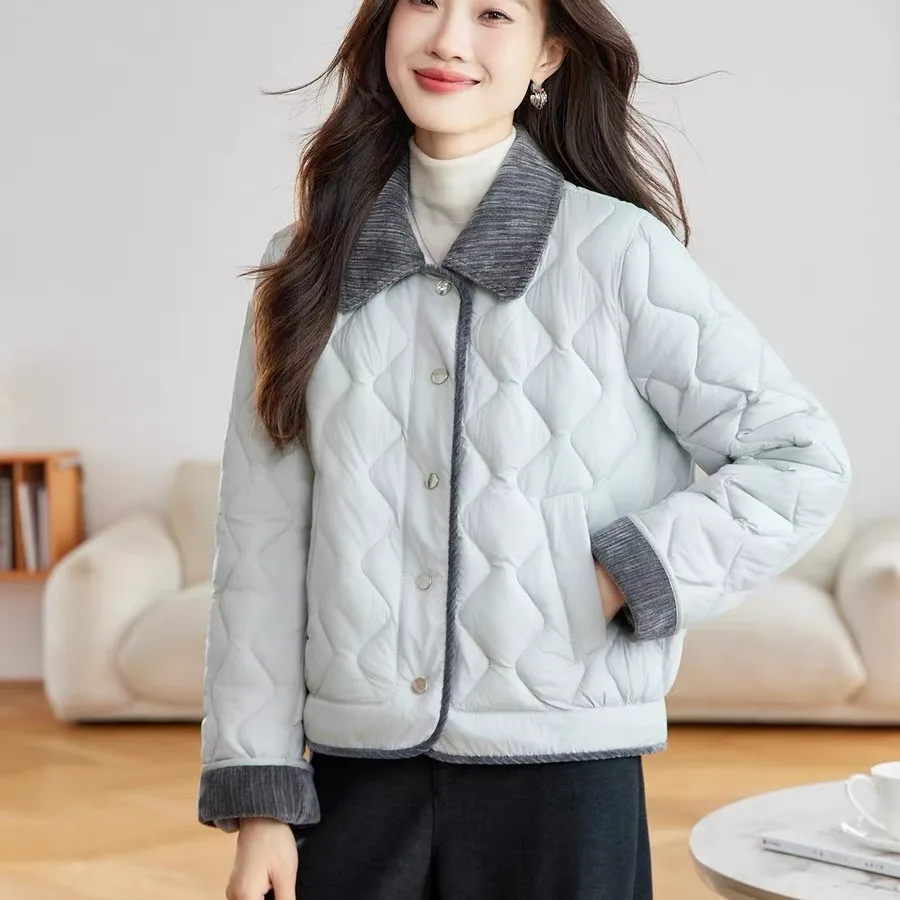 Lightweight Short Cotton Jacket Women's Fashionable Color Block Collarless Coat Warm Commute Style Polyester Fiber Coat