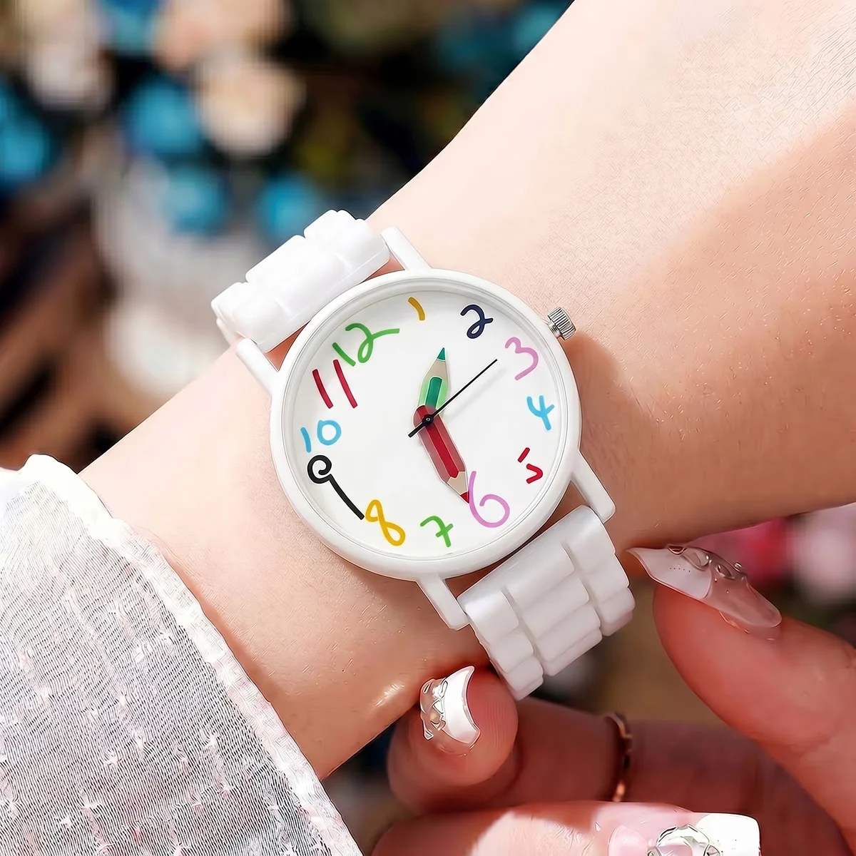 1 cartoon colored digital pencil, cute women's watch, white silicone strap, quartz wristwatch