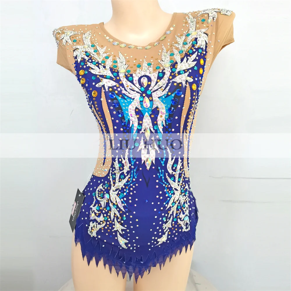 LIUHUO justaucorps de gymnastique rythmique aérobic adulte femmes fille Costume Performance compétition robe de danse bleu marine adolescents enfants