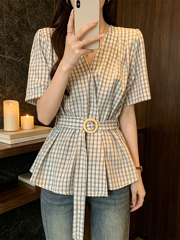 

Summer 2026 Korean Style Design Slim Fit V Neck Plaid Shirt Short Sleeve Women's plus Size Clothing Breathable Skin Friendly