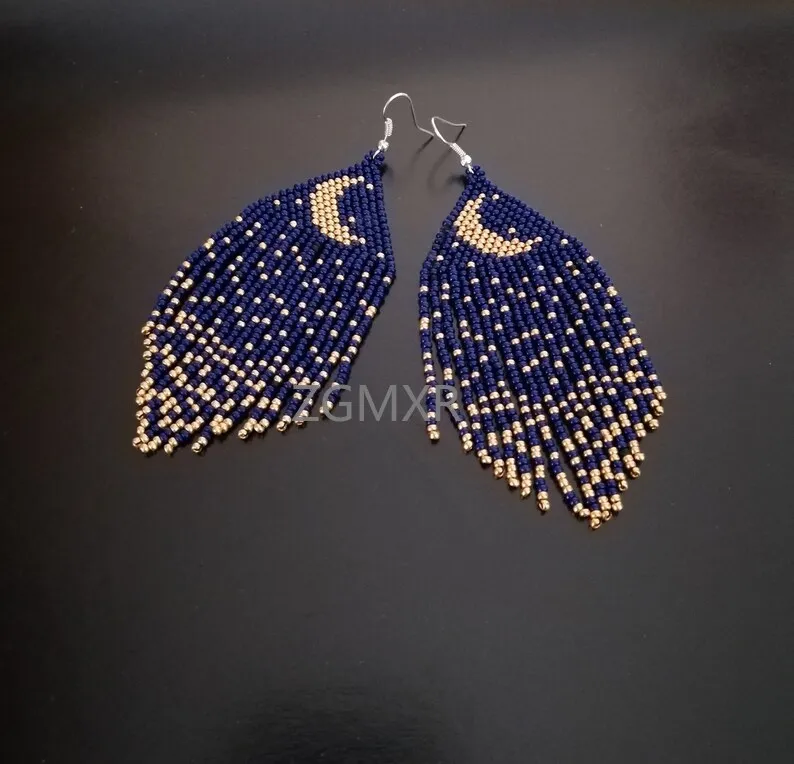 

Серьги ручной работы из бисера с кисточкой, звездное небо, луна, богемный узор, ручная работа, геометрическая мода, простые серьги из бисера