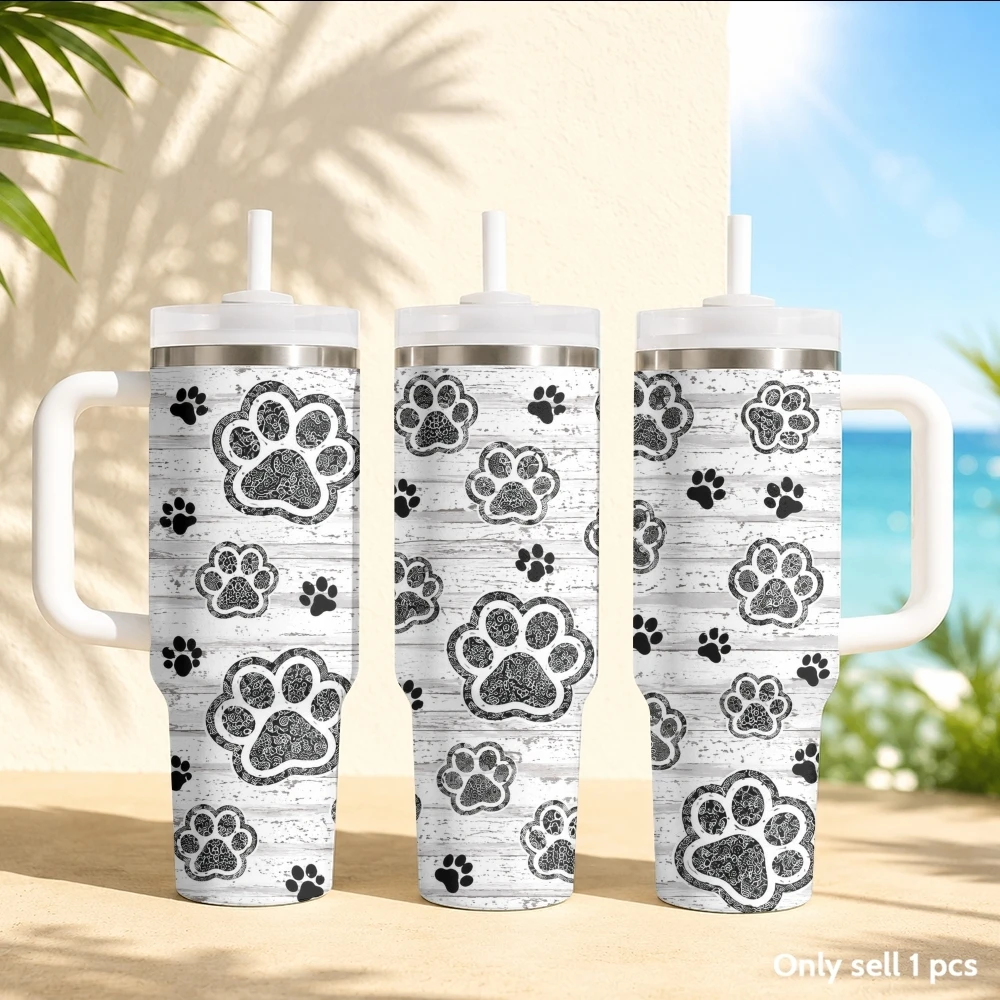 The footprints of the cute puppy Vacuum Flasks 40oz Stainless Steel Insulated Tumbler with Handle & Straw Leakproof Travel Mug