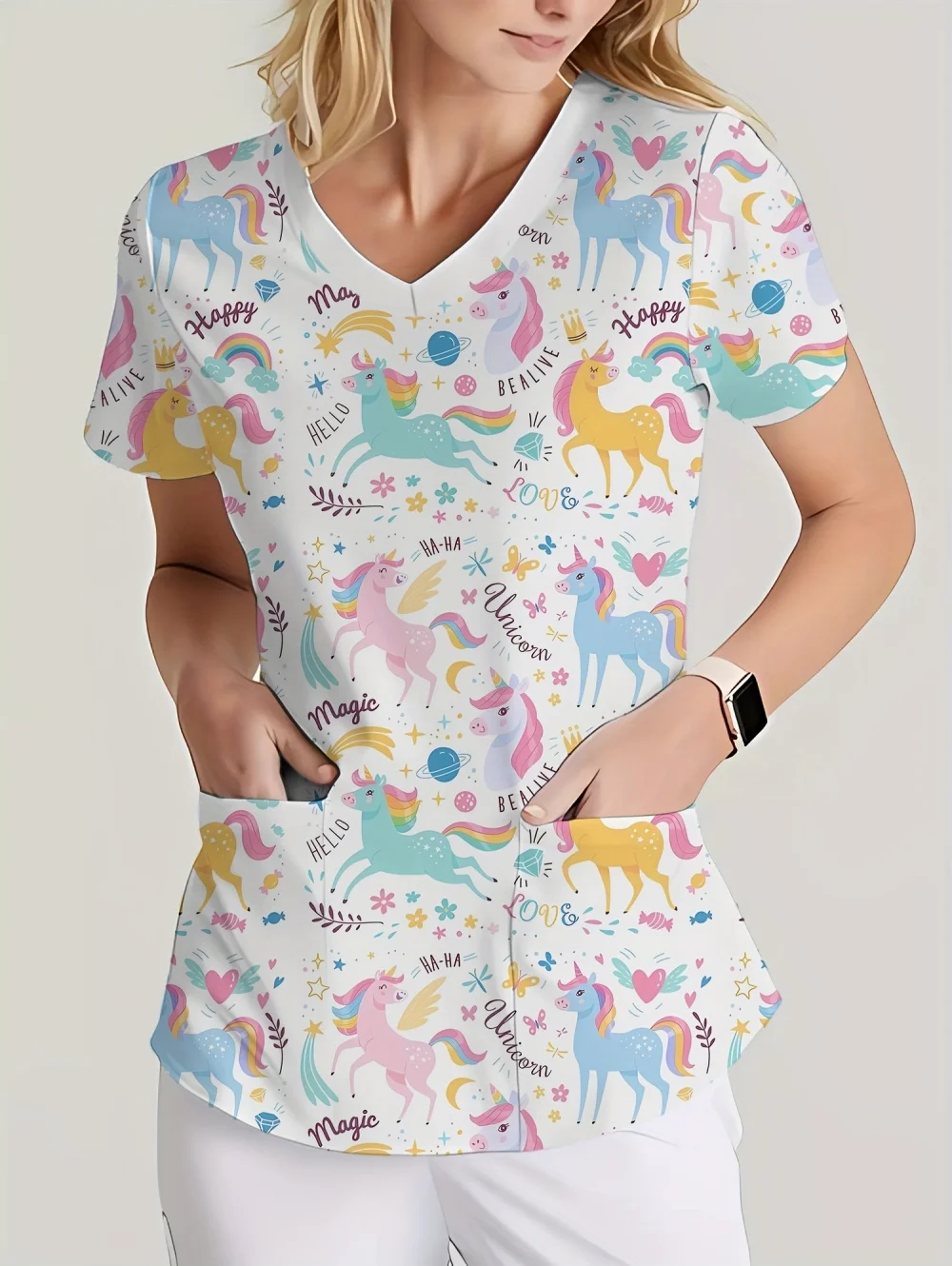 

Surgical Uniform Woman Elegant Cute Cartoon Pattern V-Neck Short Sleeves Top Comfortable Vet Nursing with Pockets Women's Scrub