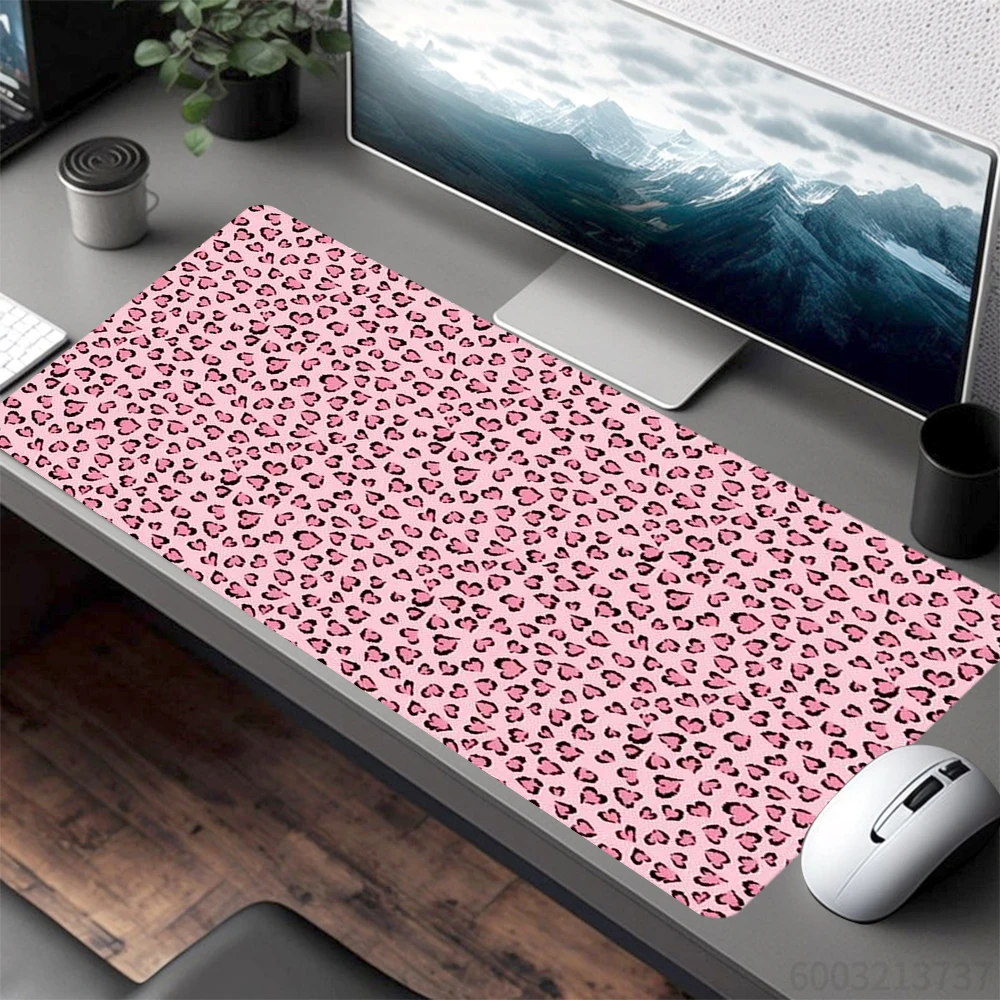 1Pcs Pink Leopard Print Large Stitched Edge Mouse Pad Non-Slip Desk Mat for Gaming Office
