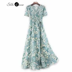 Fresh Clover Temperament Mulberry Silk Dress Summer Short Sleeve Silk Medium Length Skirt Wrap Dress 2022 Women's Fashion