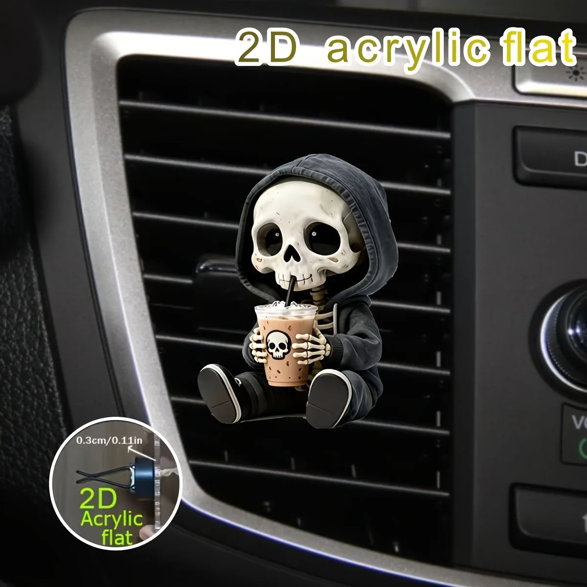 2D Flacher Totenkopf Milchtee Lüftungsdekor, Lustiges Auto-Innenzubehör, Halloween-Must-Have-Ornament – Detail 1