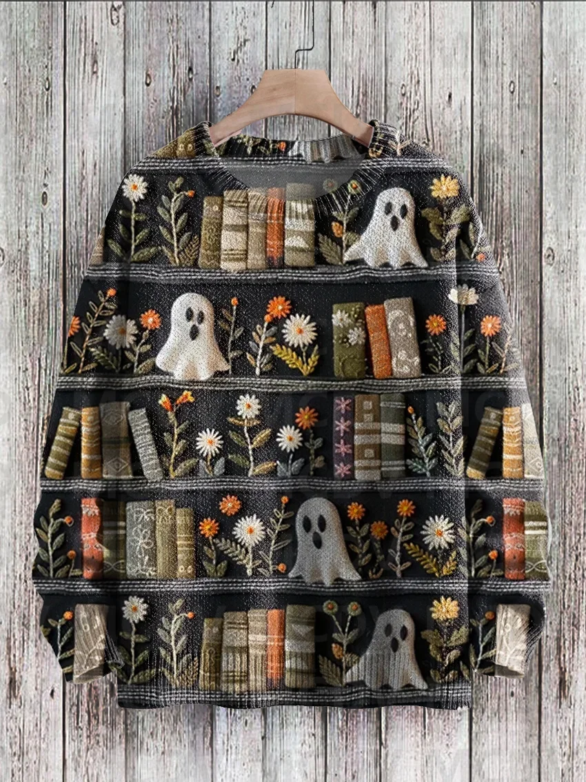 Halloween Library Bookshelf Ghost Halloween Print Knit Pullover Sweater Classic Sweater Men\'s For Women\'s Pullover