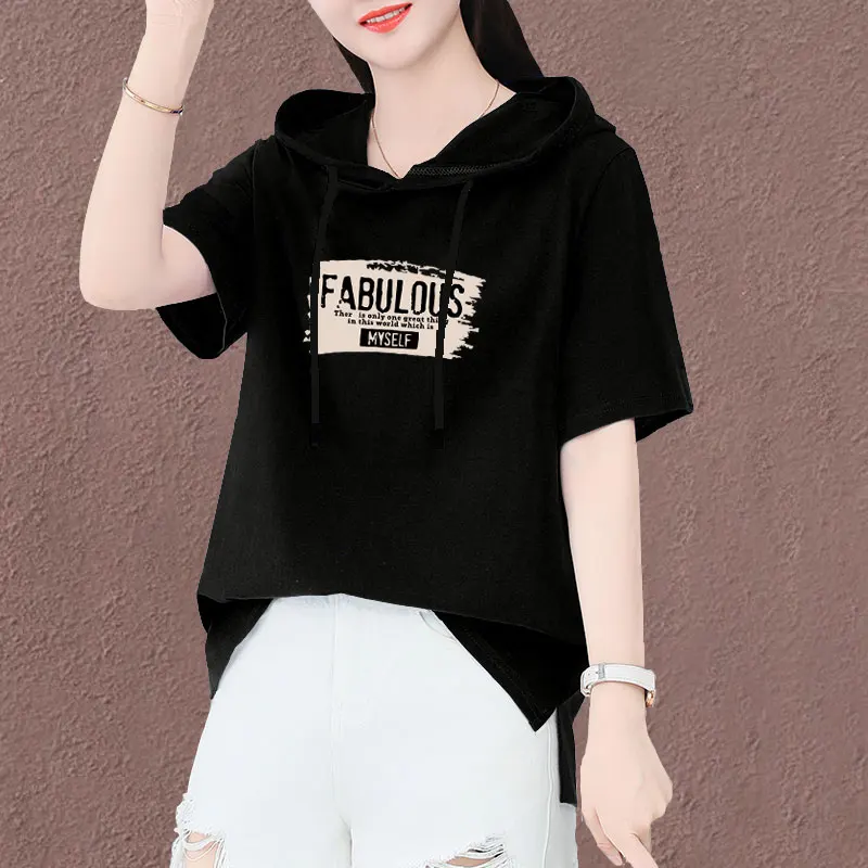 Letnia, luźna koszulka z bawełny, cienka bluzka z kapturem, damska, wyszczuplająca, zakrywająca brzuch, wygodna koszulka.