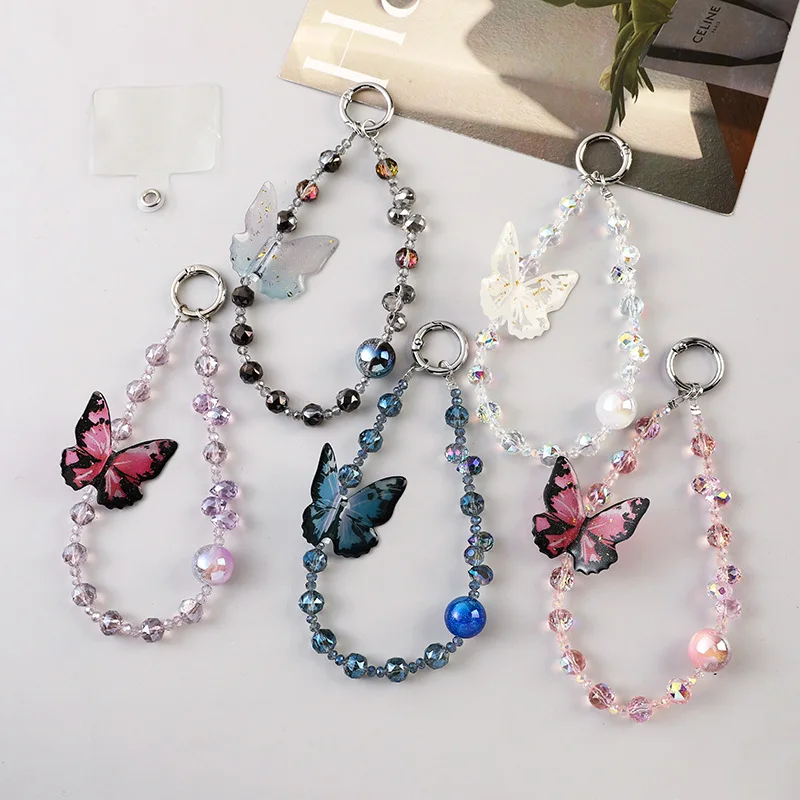 

High-End Crystal Phone Straps with 3D Butterfly Charms Sparkling Diamond Beads Lightweight Luxury Anti-Loss Keychain Fashion Cut