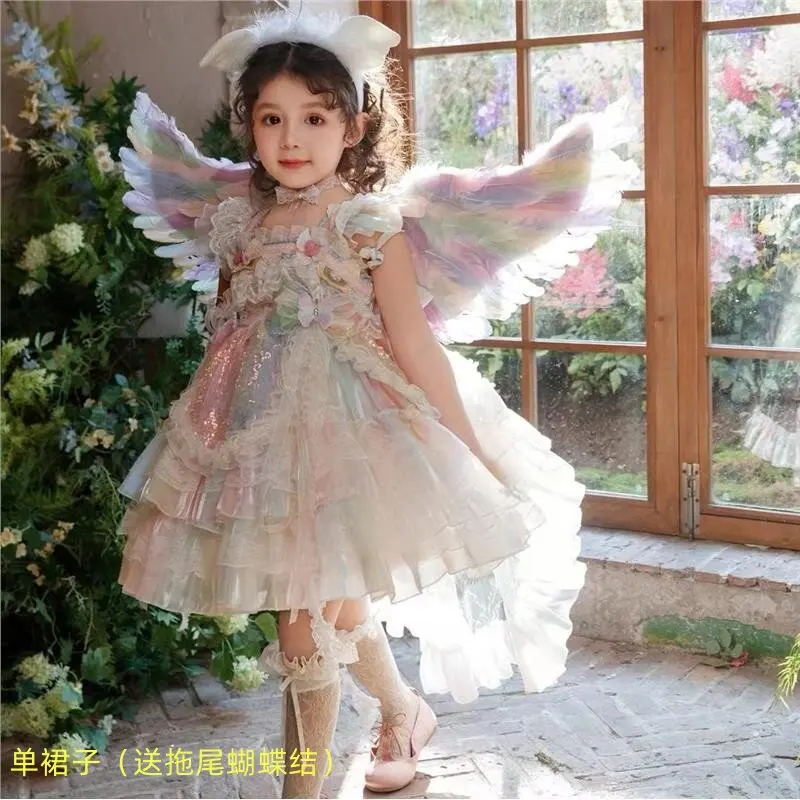 Girls Lolita Wedding Princess Dress Girls Birthday Party Dress Children's Elf Wings Rainbow Dress Wings Sparkles Pure Cuteness