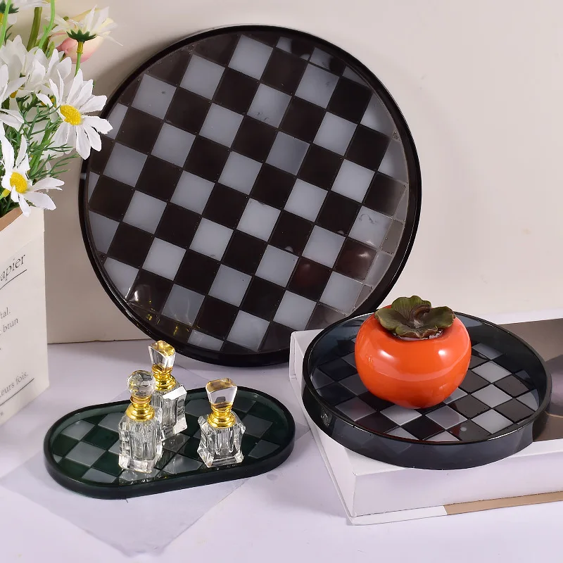 Checkerboard Grid Storage Tray Epoxy Resin Mold DIY Oval Round Fruit Plate Coaster Jewelry Storage Silicone Mould Home DecorTool