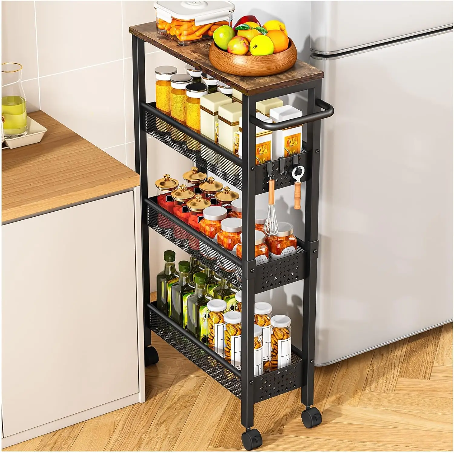 

Utility Slim Storage Cart with Wheels, 4 Tier Small Rolling Cart with Wood Top, Metal Kitchen Bathroom Laundry Room Orga