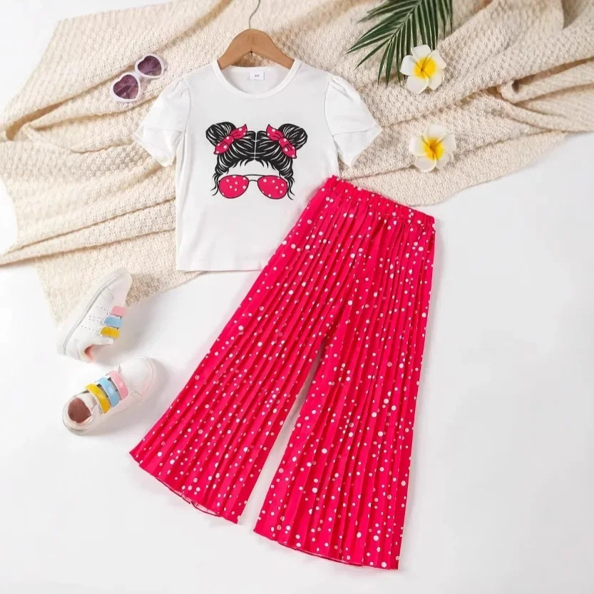 New Kid Girl Stylish White Short Sleeve Top Cute Cartoon Girl Bow Polka Dot Pleated Wide Leg Pants for Children Casual Summer