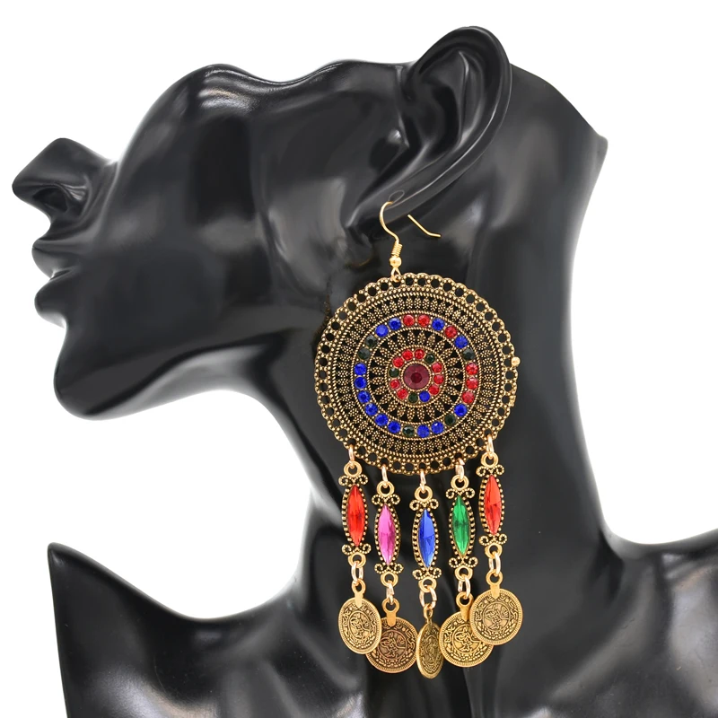 3PC Indian Afghan Jewerly Sets for Women Boho Ethnic Hairbands Necklace Earrings Coins Tassels Vintage Colorful Crystal Drop