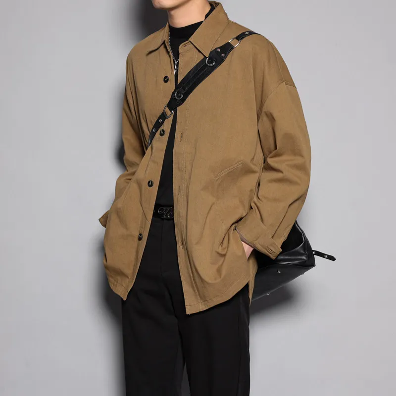 High Quality Shirt Style Coat Jacket Men's Mid-Length Loose Casual Japanese Retro Simple Ruan Handsome Coffee Color Shirt
