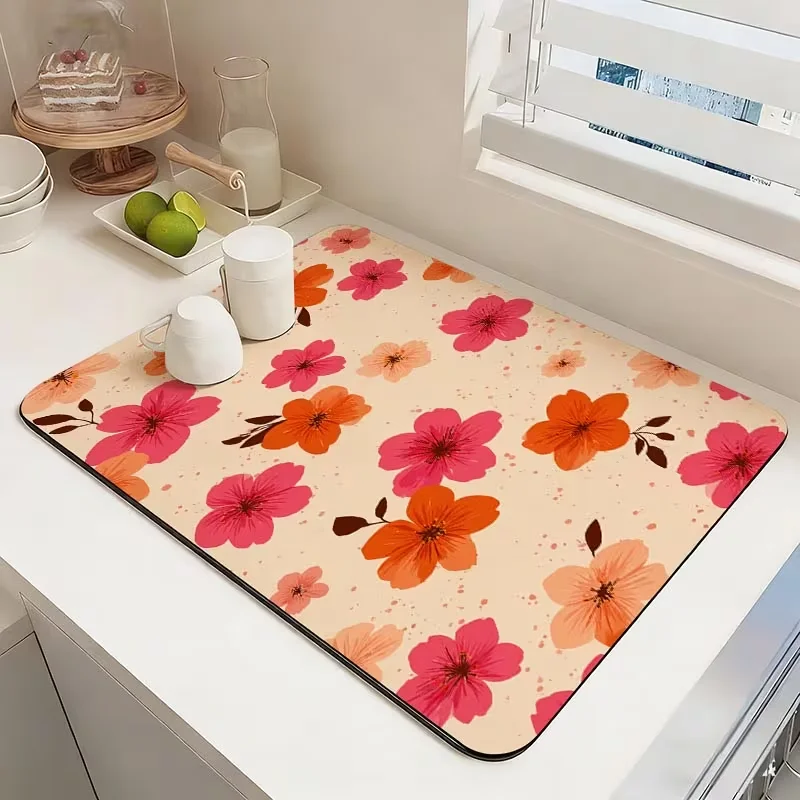 Watercolor Orange Pink Floral Splash Print Drying Mat Non Slip Kitchen Sink Coffee Station Draining Pad Cottagecore Counter Mat