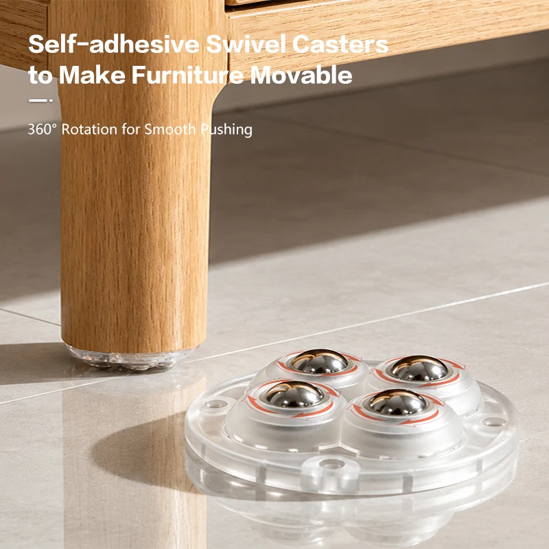 Adhesive Swivel Caster Wheels For Furniture Table Coffee Table Heavy Duty Silent No Drill Ball Bearing Nylon Mini Movers 4