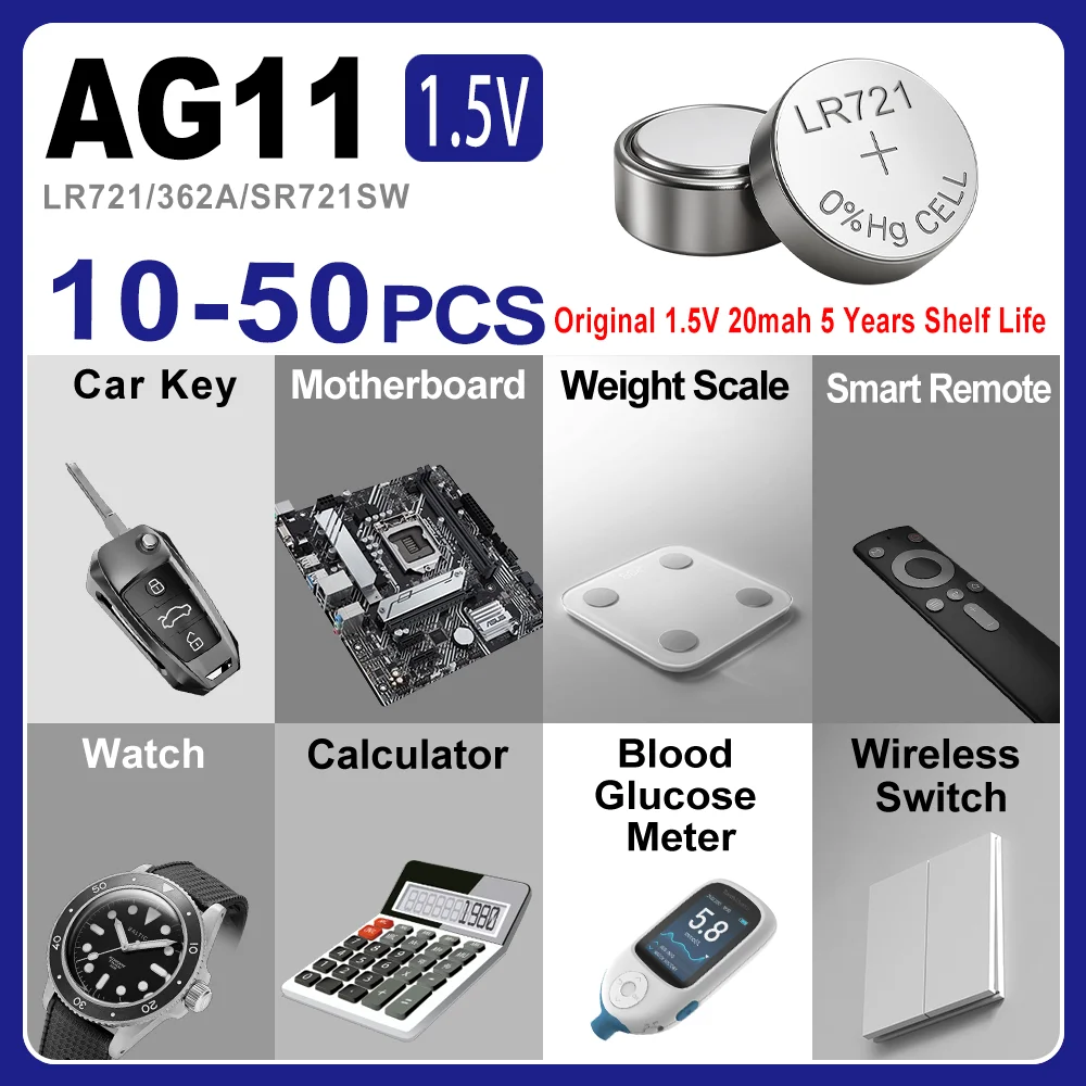 10-50PCS 1.55V AG11 LR721 Battery SG11 LR58 SR58 162 361 SR721 Button Batteries SR720 L721F Cell Coin Watch Toys Remote Cameras