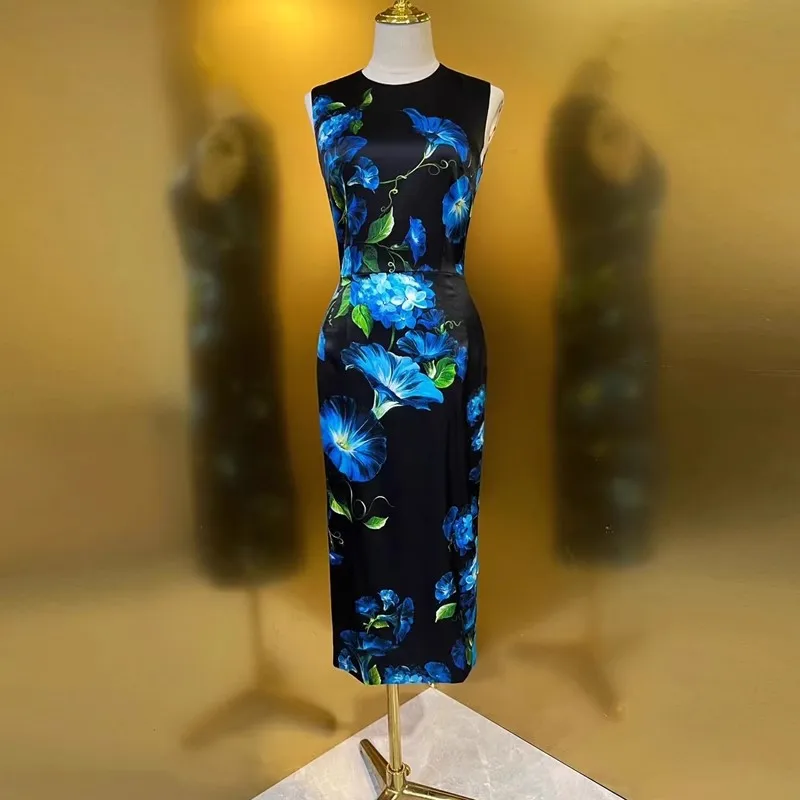 Summer Silk Pencil Dress O-neck Sleevelessdark Night Blue Morning Glory Flowe Elegant Dresses For Women 2024 Luxury Brand